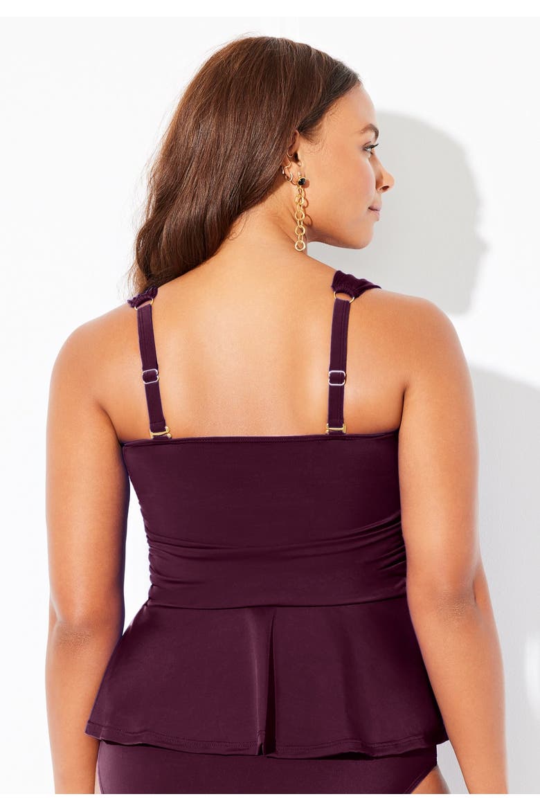 Underwire Shirred Ring Bandeau Tankini Top, Alternate, color, Black Cherry