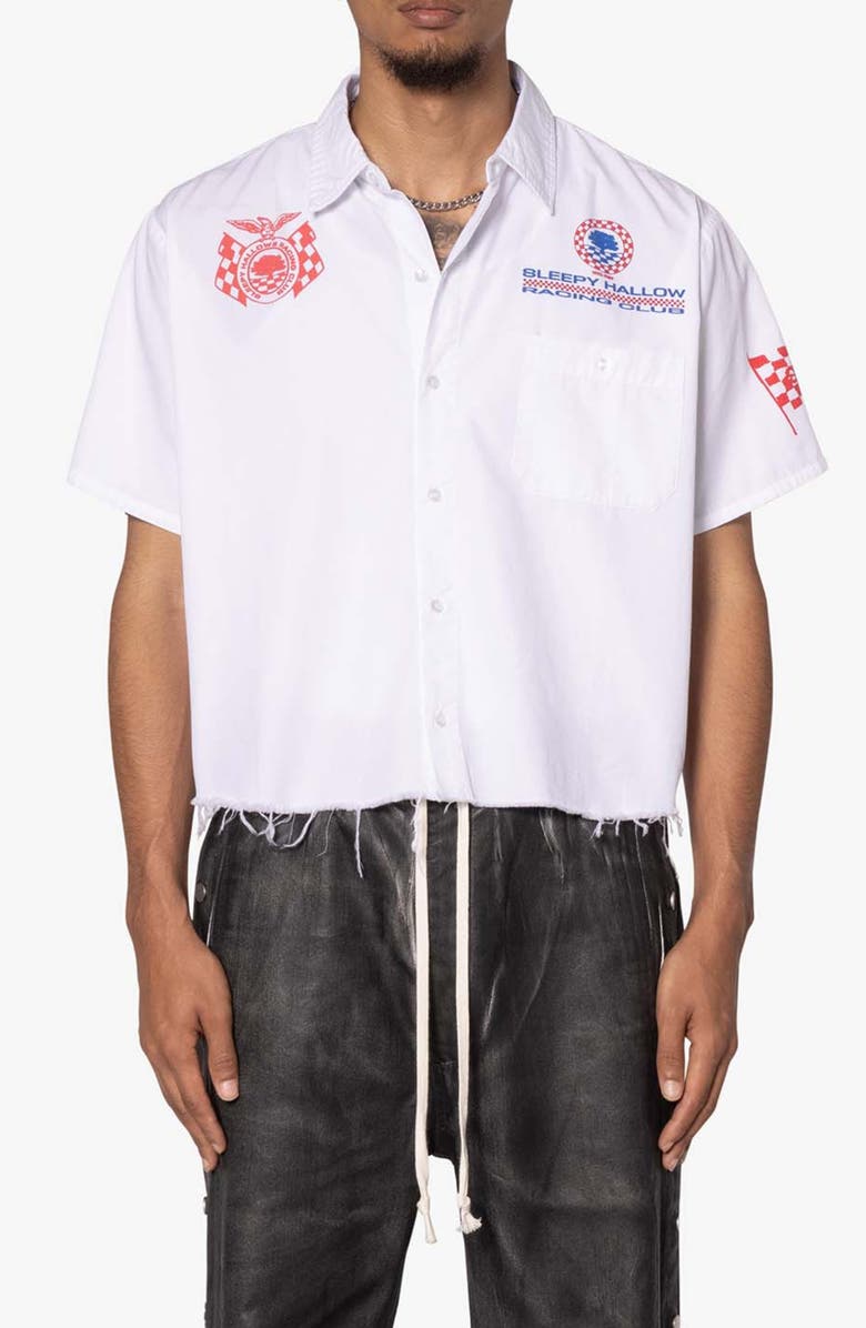 mnml SHRC Pit Crew Fray Hem Crop Button-Up Shirt, Main, color, 
