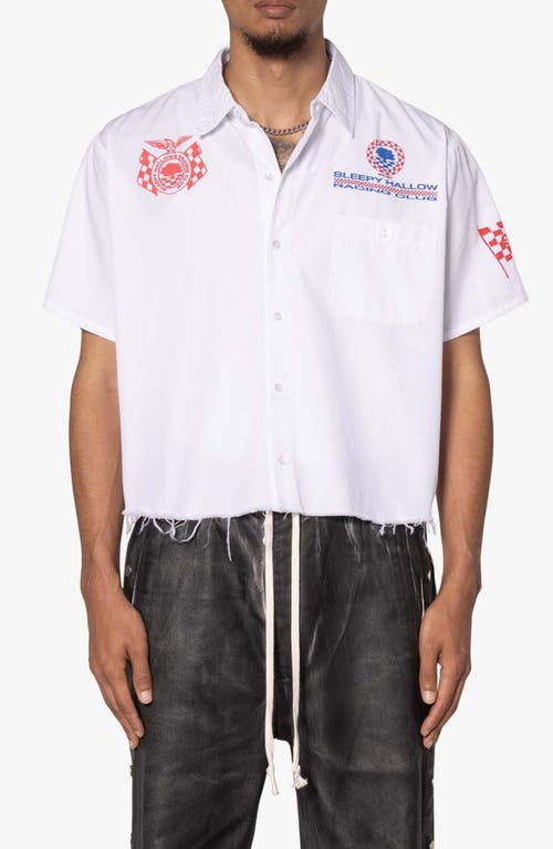 Mnml Shrc Pit Crew Fray Hem Crop Button-up Shirt In White
