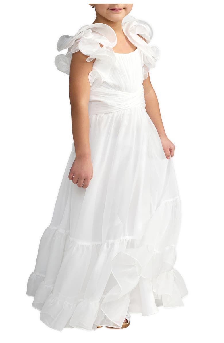 Mac Duggal Girls Solid Chiffon Ruffle Shoulder Dress, Main, color, White