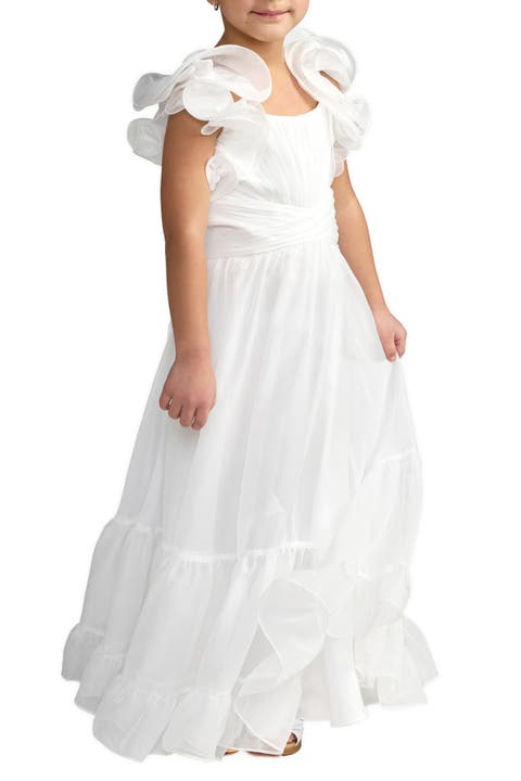 Girls Solid Chiffon Ruffle Shoulder Dress
