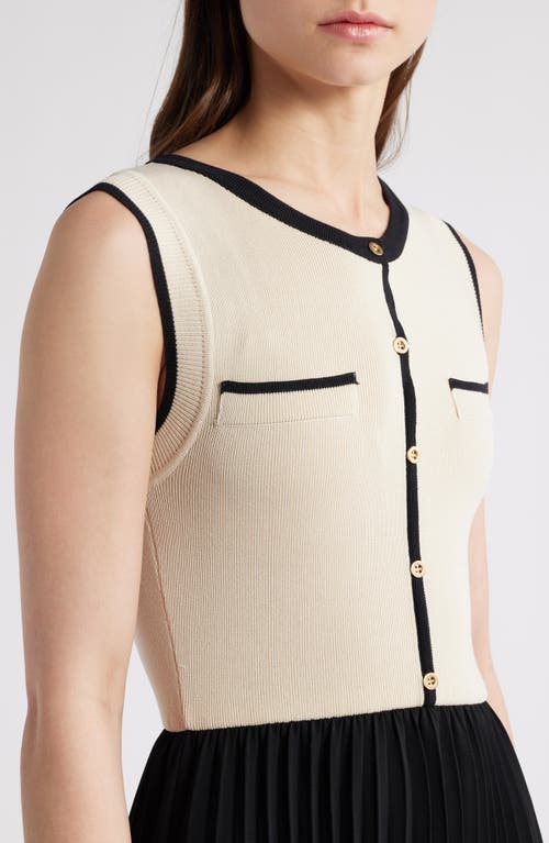 Zoe And Claire Mixed Media Pleated Midi Dress In Khaki/black