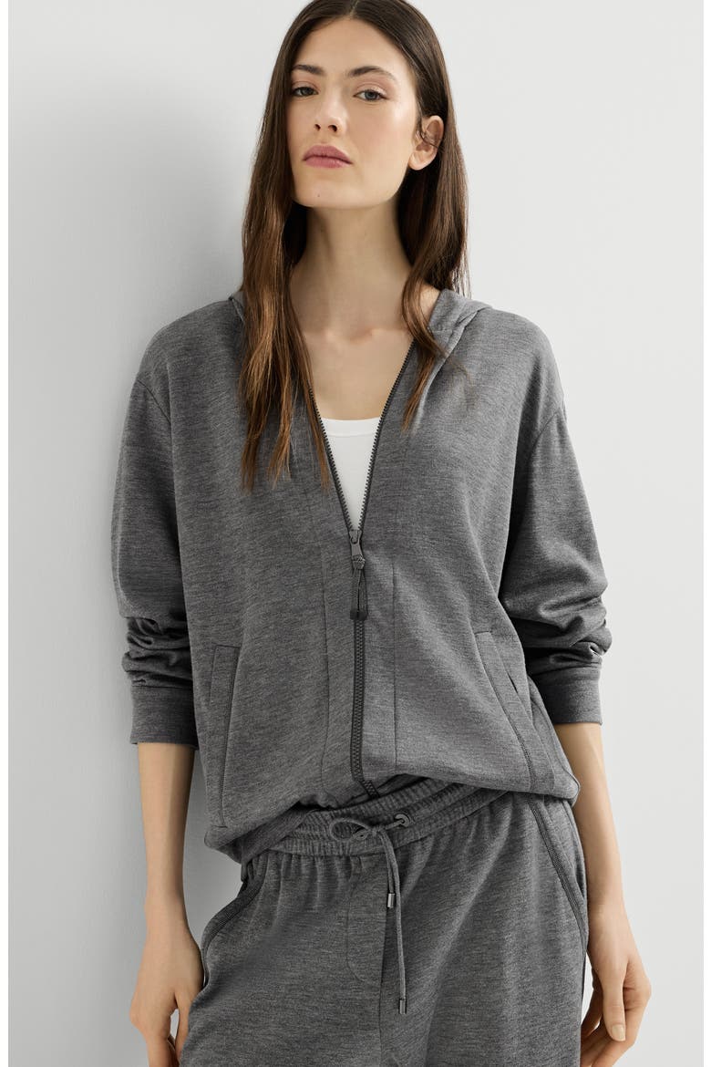 Cotton and silk interlock hooded sweatshirt with precious zipper pull, Alternate, color, Dark Grey