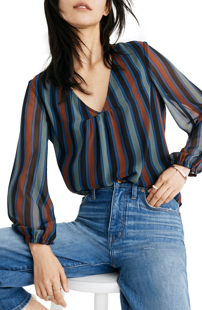 Madewell Stripe Sheer Sleeve Top, Main, color, 