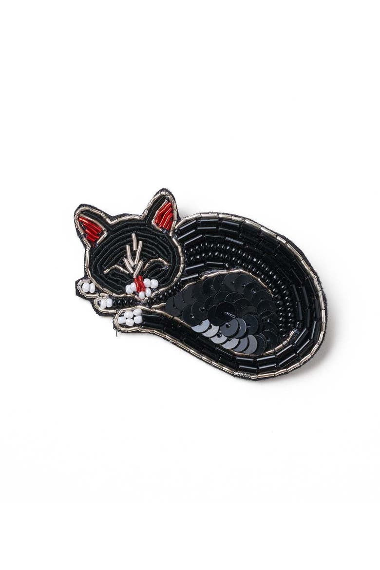Bala Mani Beaded Sleeping Cat Brooch Pin, Main, color, Black