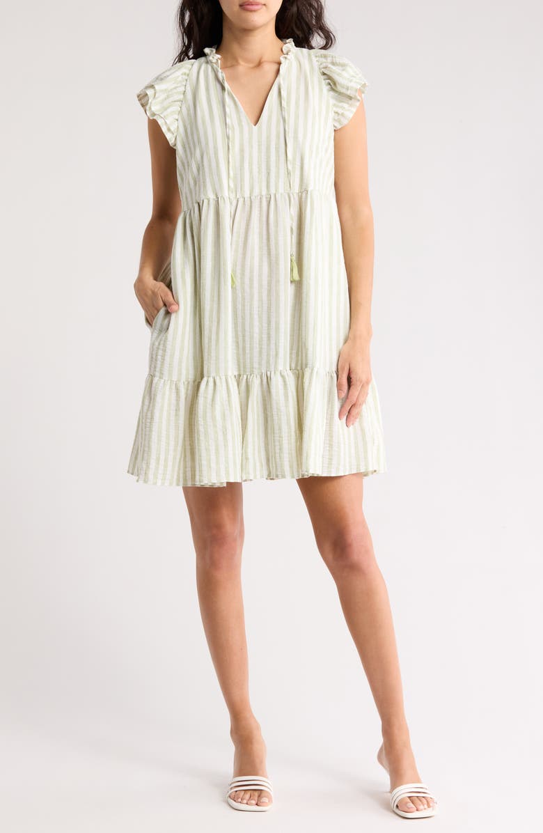 Eliza J Stripe Flutter Cap Sleeve Babydoll Dress, Main, color, Sage