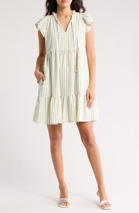 Stripe Flutter Cap Sleeve Babydoll Dress