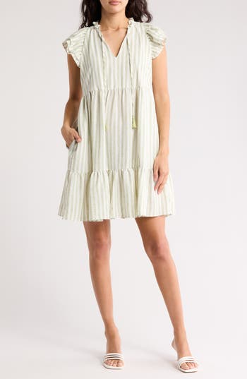 ELIZA J ELIZA J STRIPE FLUTTER CAP SLEEVE BABYDOLL DRESS 
