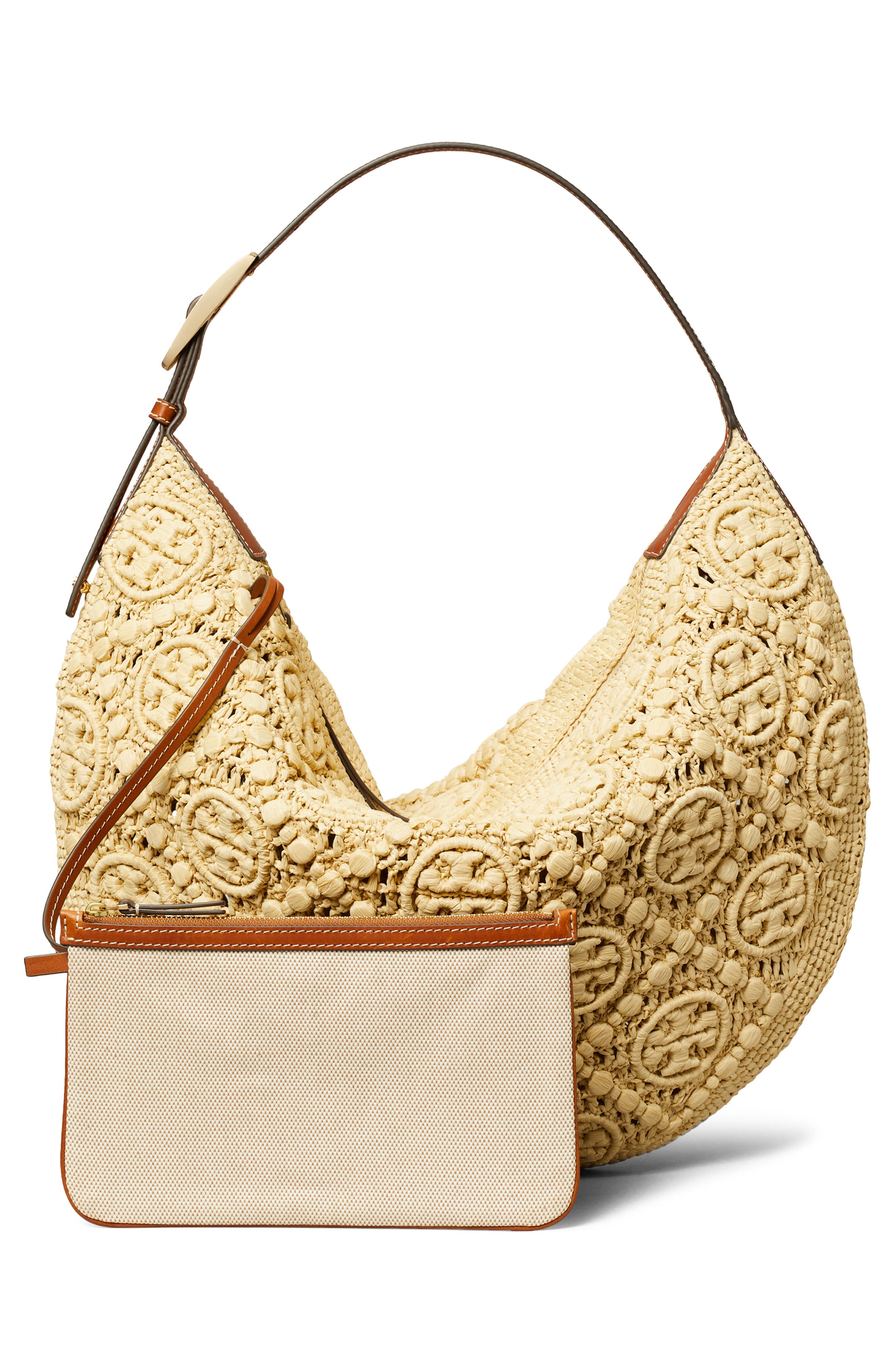 Tory Burch T-Monogram Woven Raffia Straw Shoulder Bag, Alternate, color, Natural