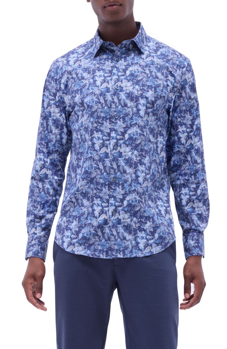 Bugatchi Julian Shaped Fit Stretch Cotton Button-Up Shirt, Main, color, Indigo