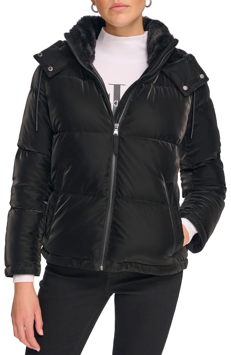 Calvin Klein Faux Fur Lined Hooded Puffer Jacket, Main, color, 