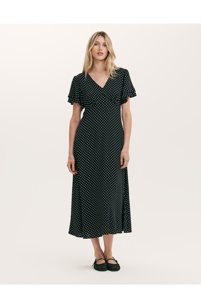 Finery London Saskia Polka Dot Midi Tea Dress, Main, color, Black Spot