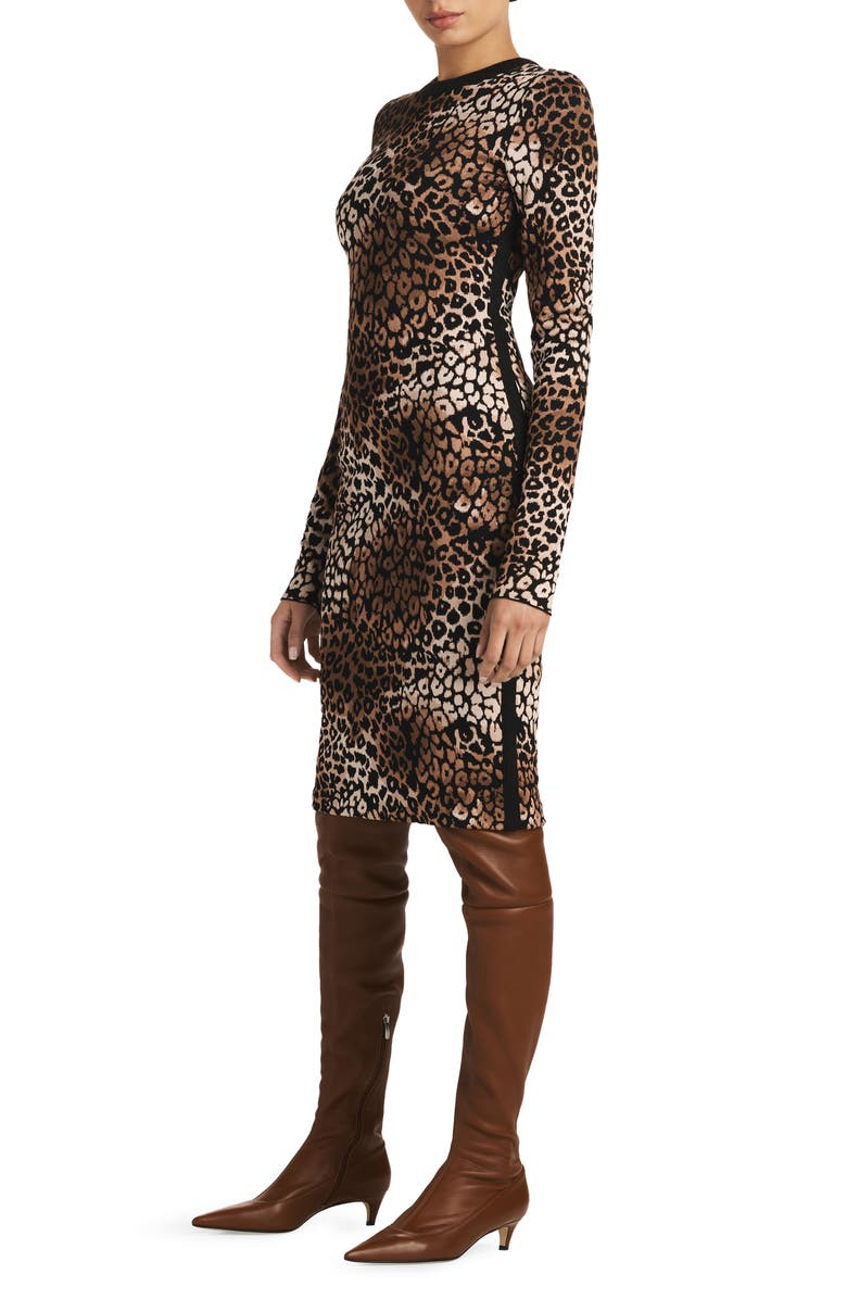 ST. JOHN Leopard Jacquard Long Sleeve Body-Con Knit Dress, Alternate, color, Camel/ Black Multi