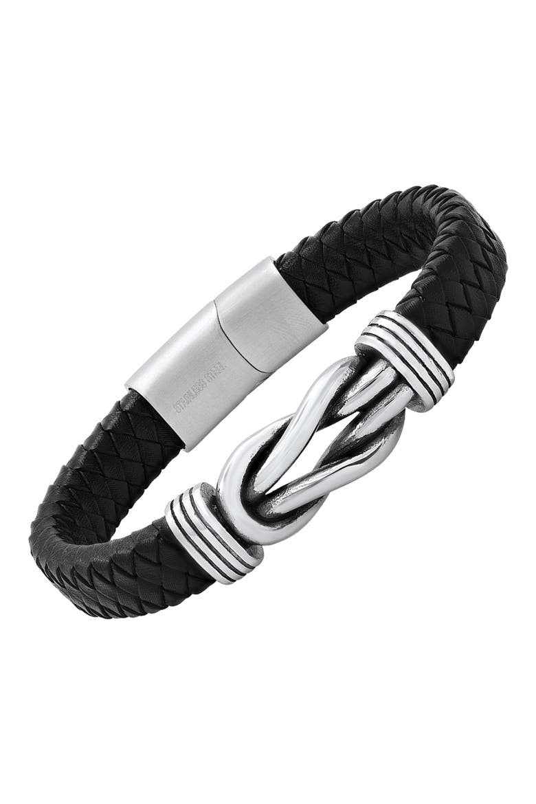Stainless Steel Knot Charm Leather Braided Bracelet, Alternate, color, BLACK-METALLIC