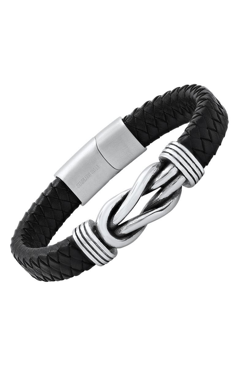 HMY JEWELRY Stainless Steel Knot Charm Leather Braided Bracelet, Alternate, color, Black-Metallic