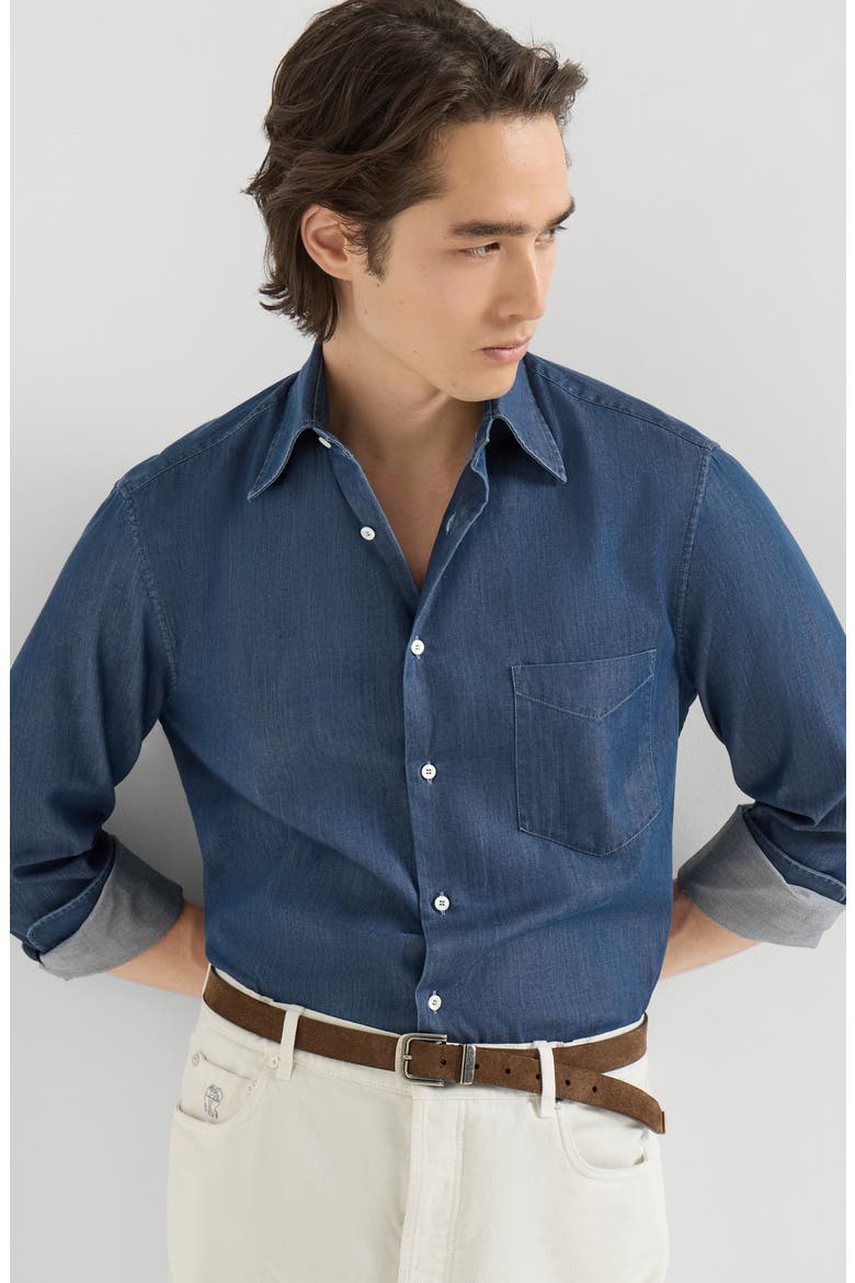 Lightweight denim shirt with Italian collar and chest pocket, Alternate, color, Dark Denim
