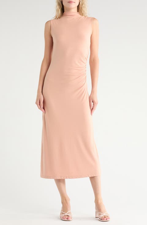 Mock Neck Sleeveless Ruched Dress