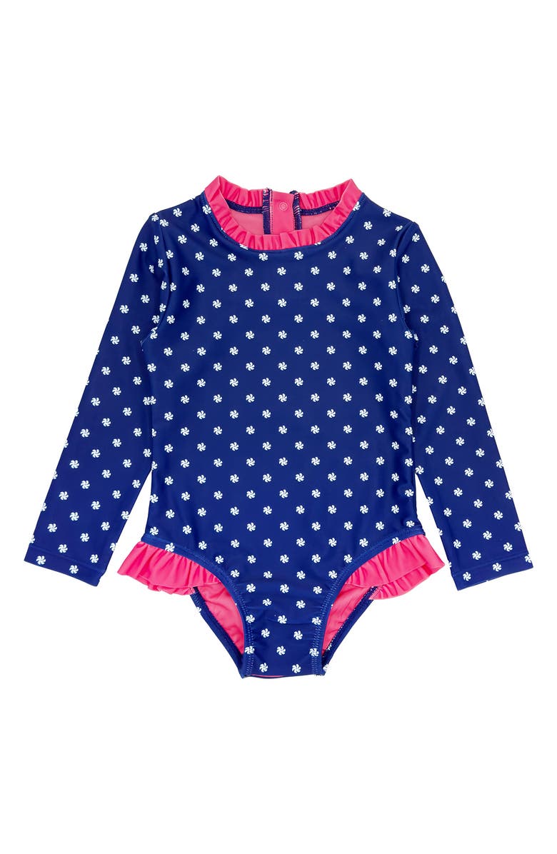 Feather 4 Arrow Frill Chaser One-Piece Rashguard Swimsuit, Main, color, 