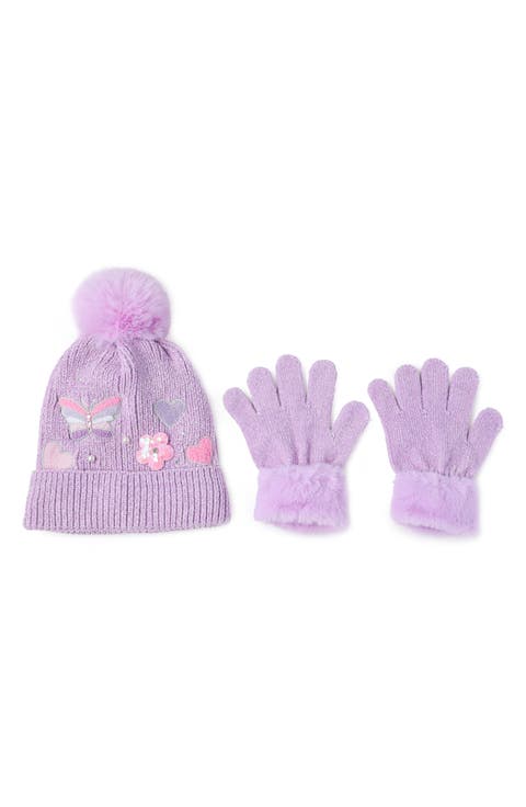Kids' Butterfly Faux Fur Trim Pompom Beanie & Gloves Set