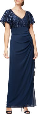 Alex Evenings Sequin Lace & Ruched Chiffon Gown
