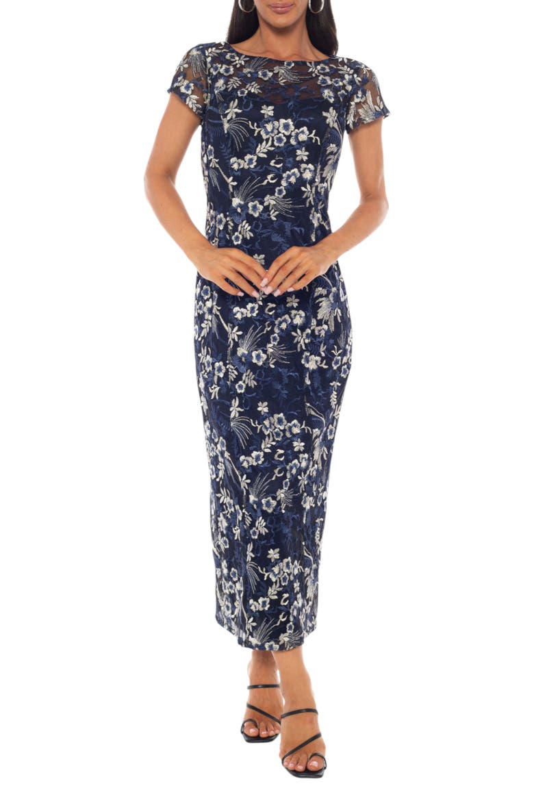 Floral Embroidered Illusion Cap Sleeve Dress, Main, color, NAVY