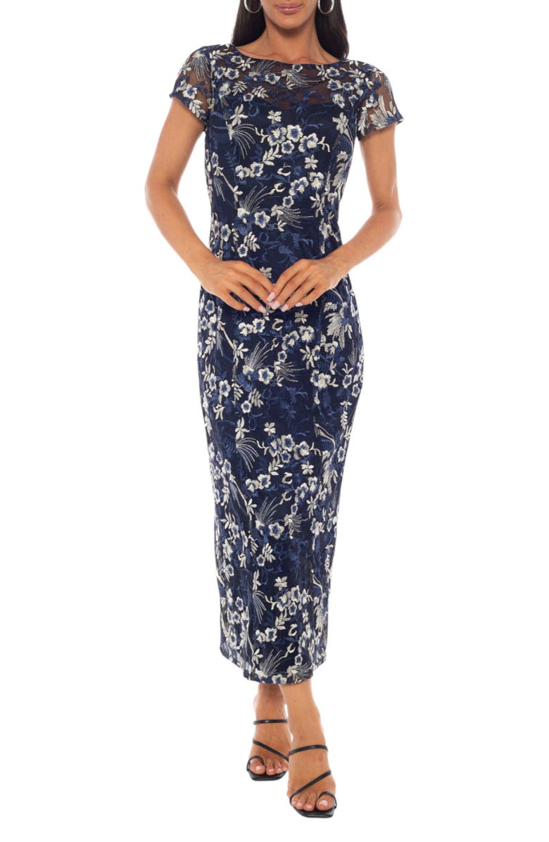 Marina Floral Embroidered Illusion Cap Sleeve Dress, Main, color, Navy