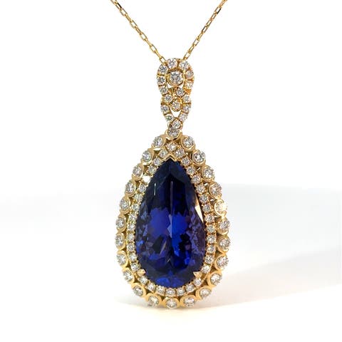 10.77ct Tanzanite Diamond Teardrop Pendant 18K Yellow Gold 18in