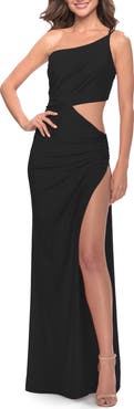 La Femme One Shoulder Dress with Side Cut Out and Unique Back