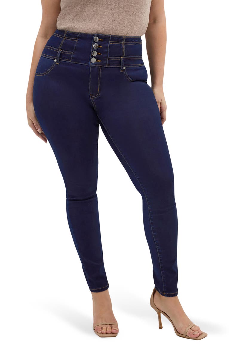 Harley Exposed Button High Waist Skinny Jeans, Main, color, DARK DENIM