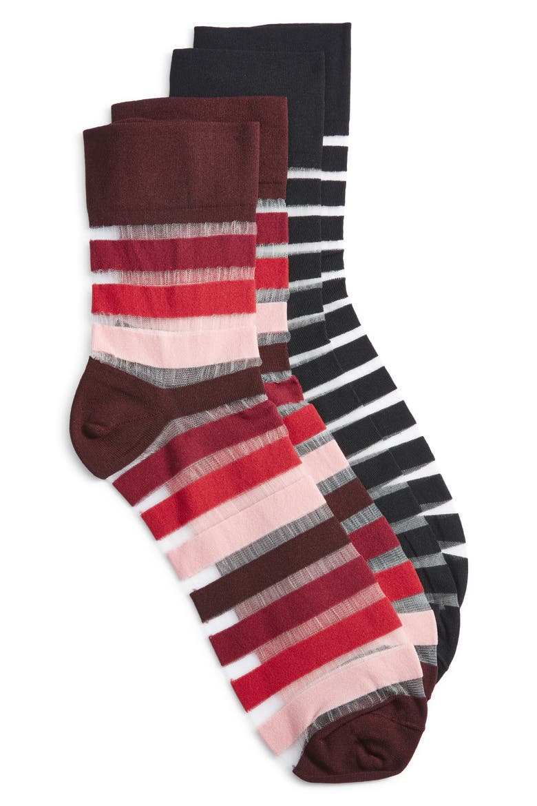 Assorted 2-Pack Sheer Stripe Crew Socks, Main, color, RED MULTI