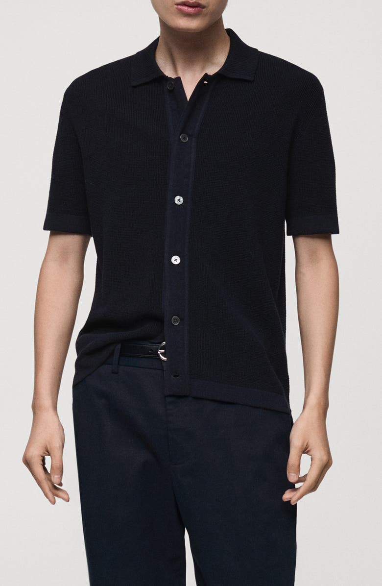 MANGO Cotton Knit Short Sleeve Button-Up Shirt, Main, color, 