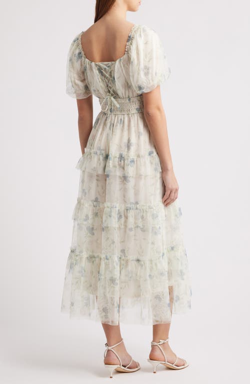 Moon River Floral Short Sleeve Tiered Mesh Midi Dress In Ivory Multi