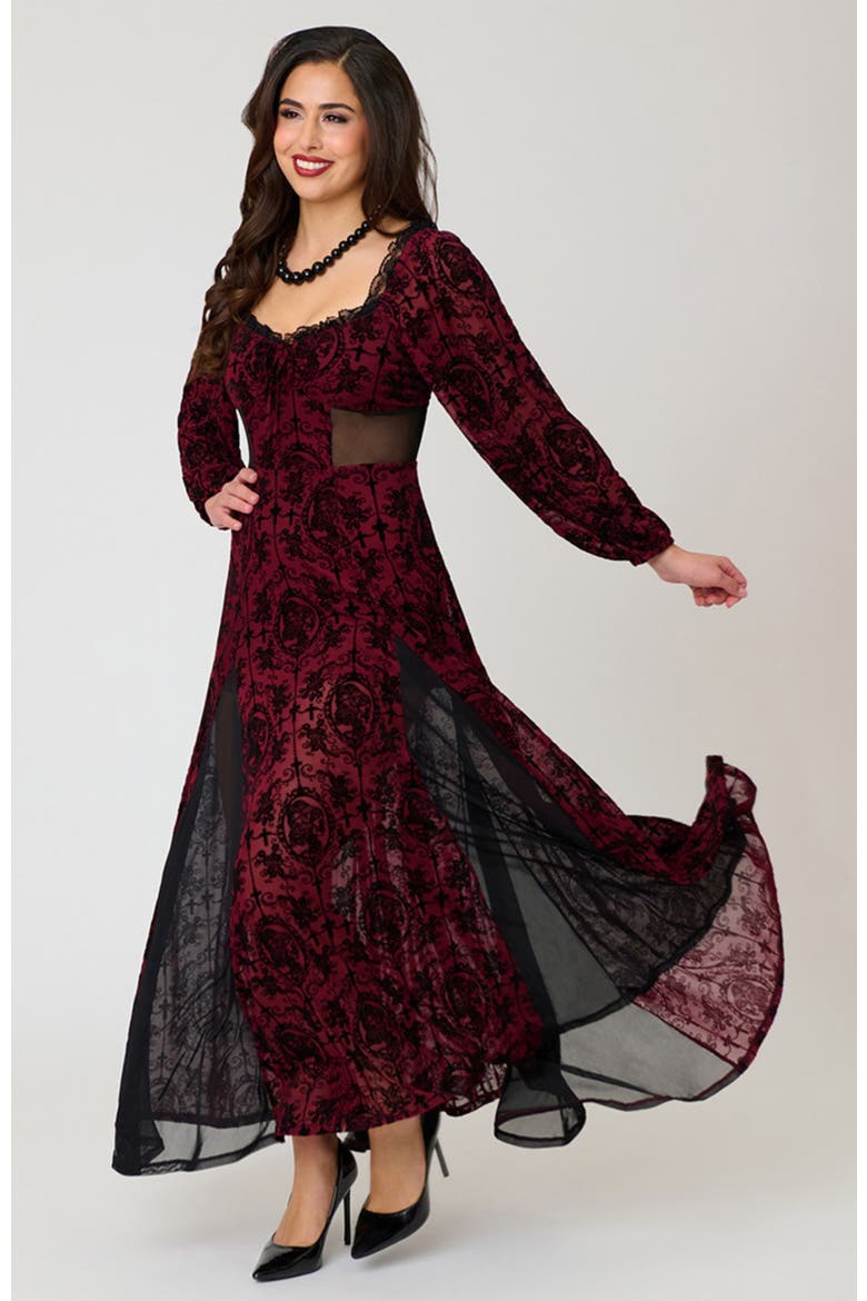 Sheer Spiderweb Godet Maxi Dress, Alternate, color, Red Swirling Floral Print