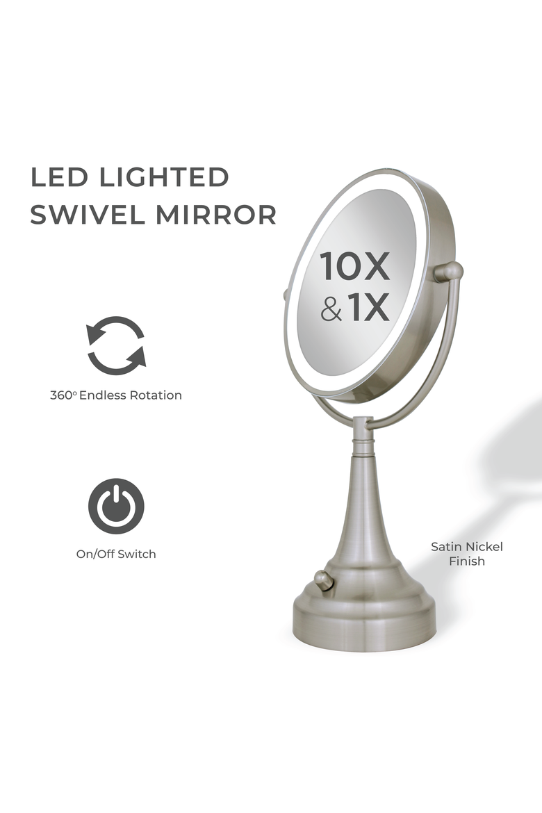 Lighted Makeup Mirror with 10X/1X Magnification, Battery & Cordless, Alternate, color, Satin Nickel