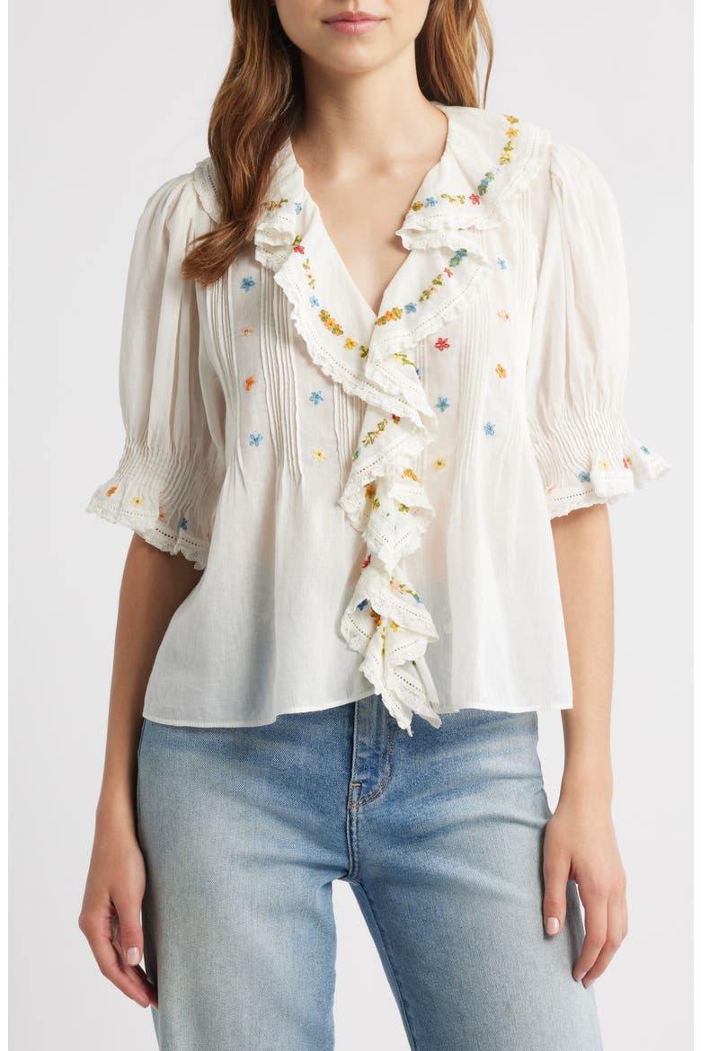 Hettie Embroidered Ruffle Organic Cotton Top, Alternate, color, SEA SALT MULTI