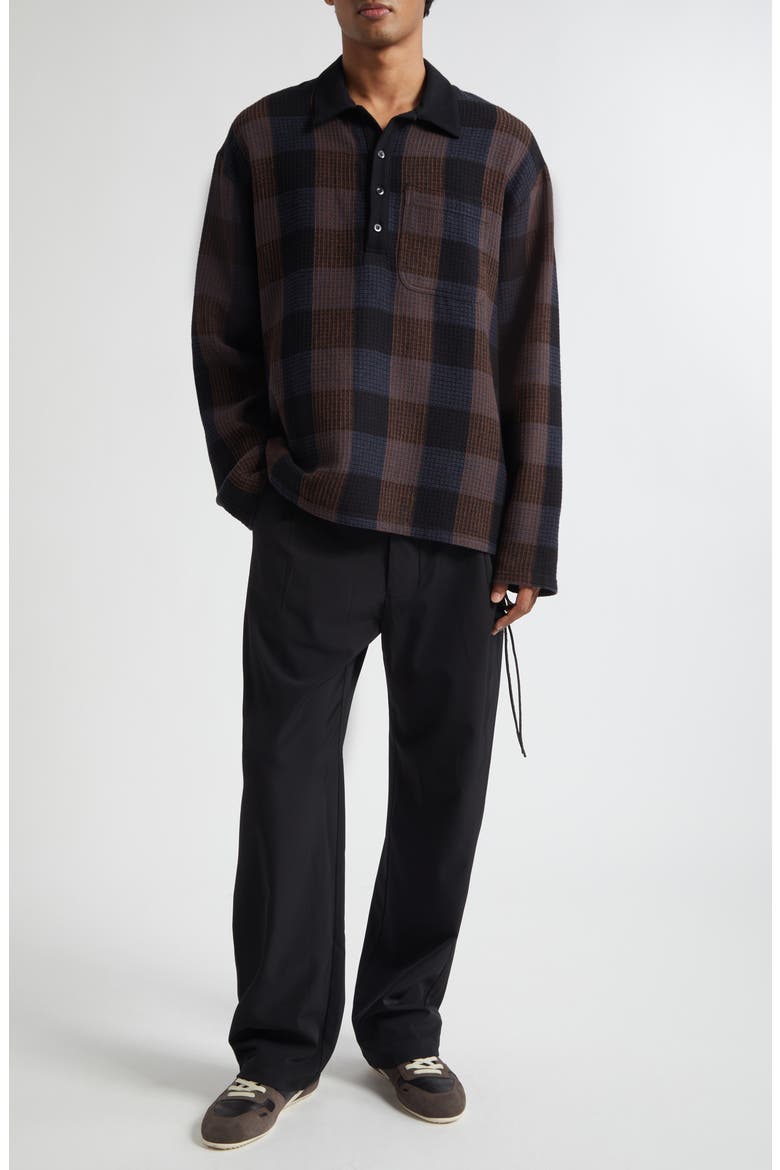 Plaid Long Sleeve Cotton Polo, Alternate, color, BLACK