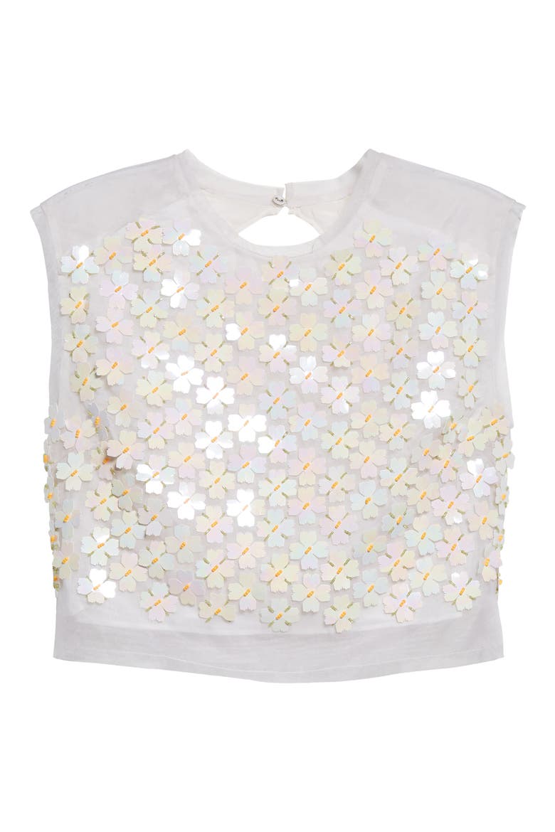 Gazelle Flower Sequin Organza Crop Top, Alternate, color, IVORY / NEON ORANGE
