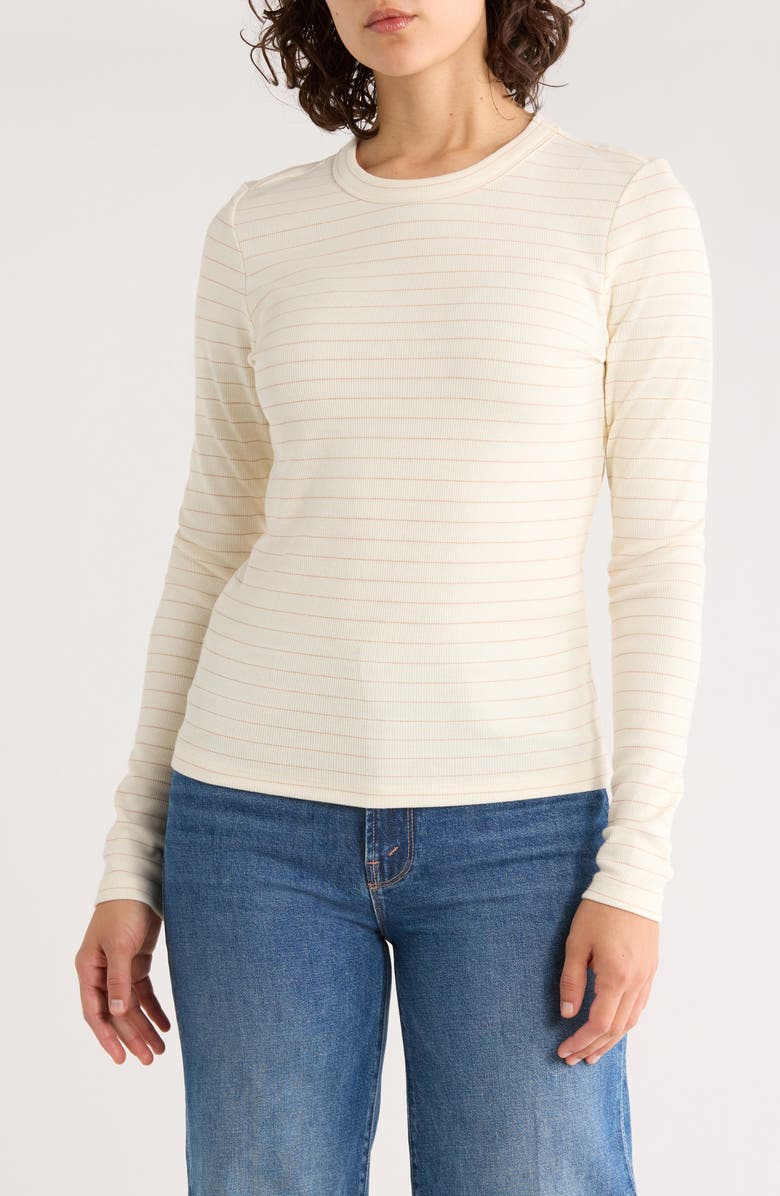 Marine Layer Lexi Stripe Sun-In Rib Long Sleeve T-Shirt, Main, color, Ivory/ Rose Gold