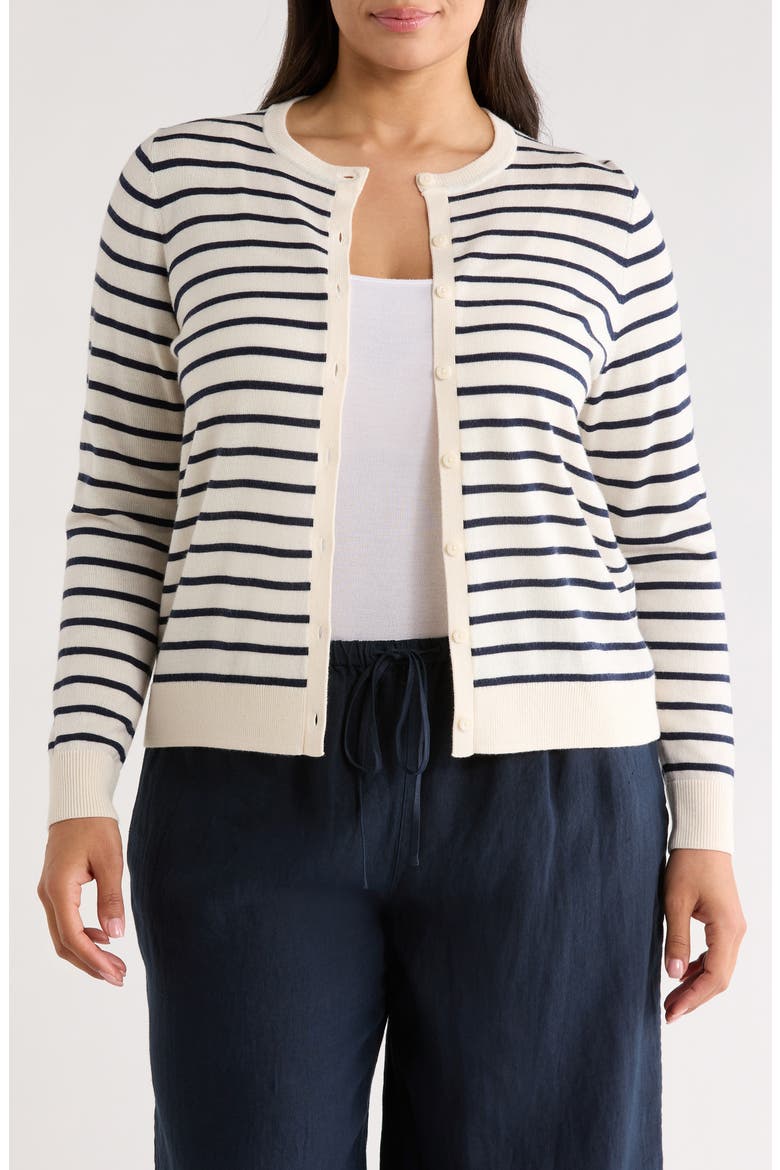 Merino Wool Blend Crewneck Cardigan, Main, color, IVORY- NAVY JOSEPHINE STRIPE