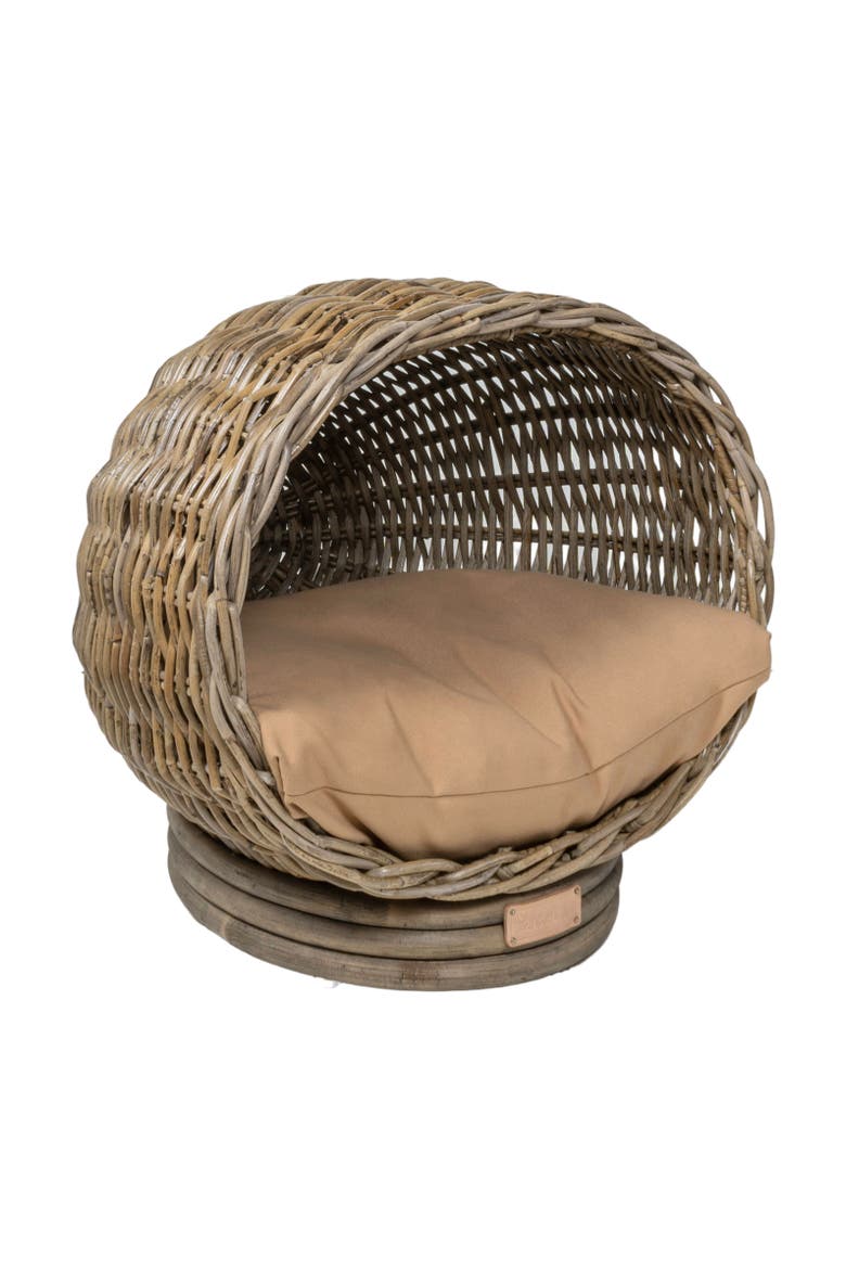 Socket Dome 19.5" x 17" Bohemian Handwoven Rattan Pet Bed with Machine-Washable Cushion, Alternate, color, Kubu Gray