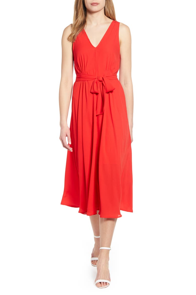 Riley V-Neck Pleat Dress, Main, color, AURORA/ RED