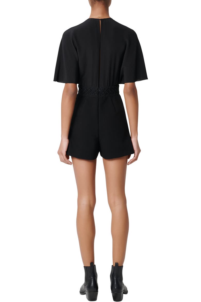 Idelle Lace Trim Short Sleeve Silk Romper, Alternate, color, BLACK