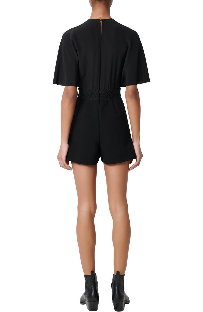 maje Idelle Lace Trim Short Sleeve Silk Romper, Alternate, color,