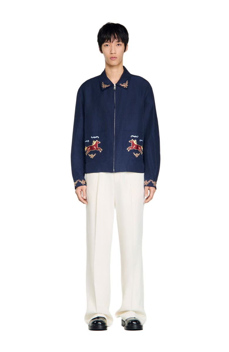 SANDRO Embroidered wing collar jacket, Alternate, color, Navy Blue