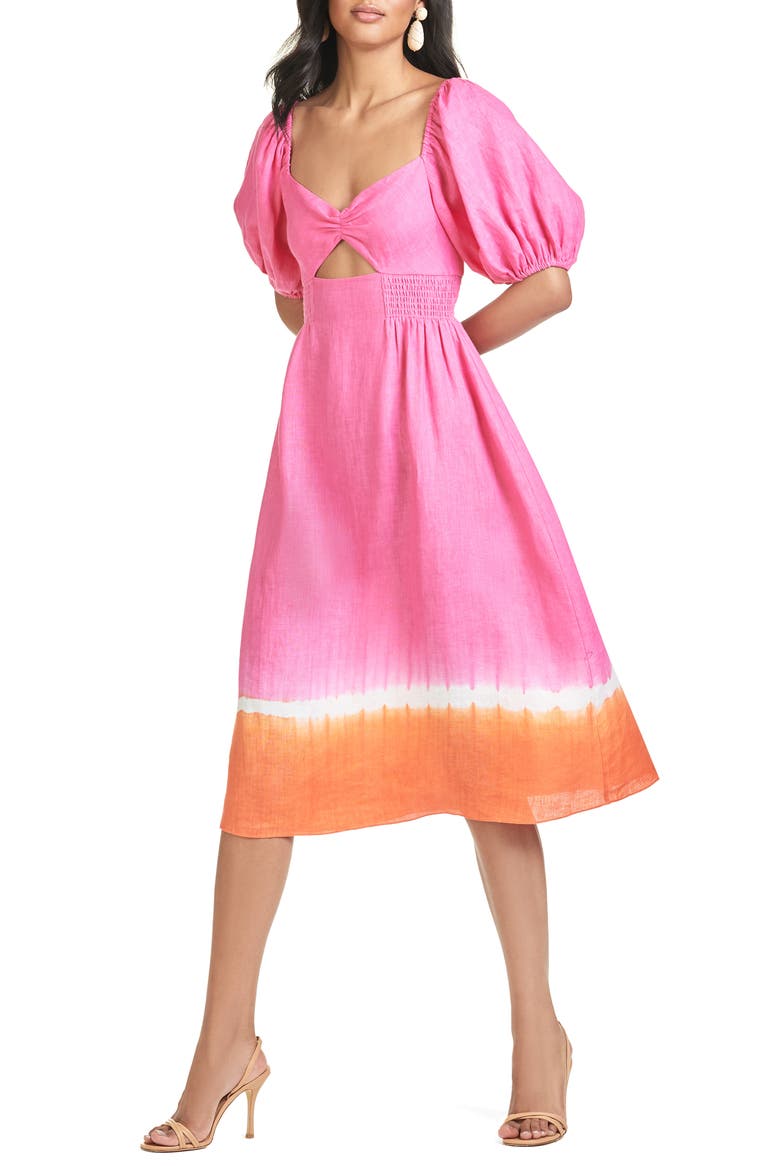 Bri Tie Dye Puff Sleeve Midi Dress, Alternate, color, FUCSHIA WITH ORANGE SHIBORI