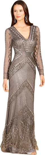 chinese dress ladies Lara 29377 Long sleeve beaded v neck fringe cocktail dress  Moreno's Wear