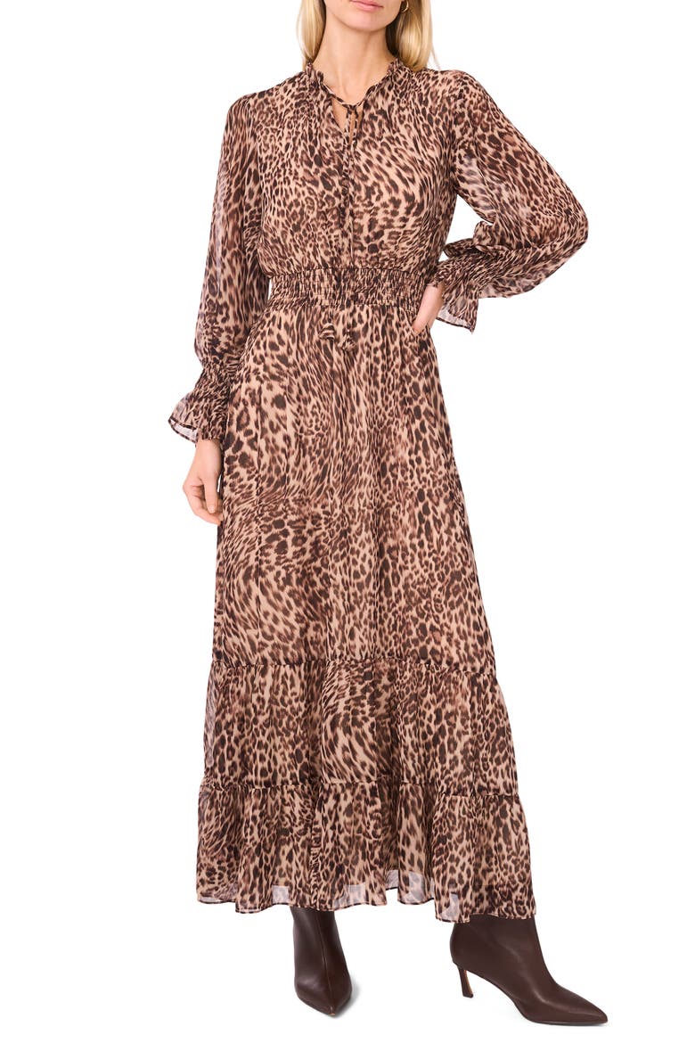 Leopard Print Long Sleeve Maxi Dress, Main, color, RICH TAUPE