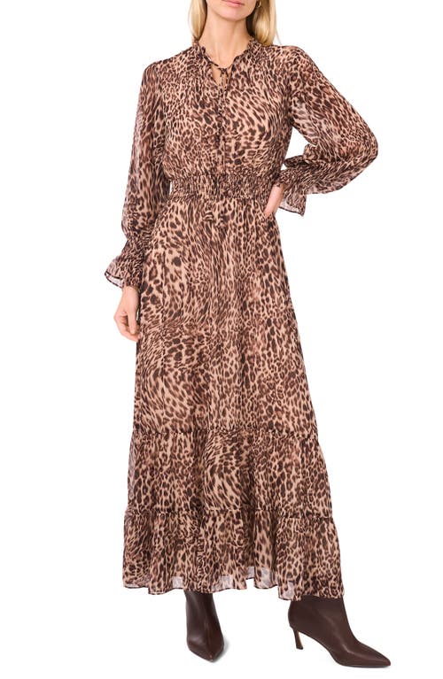 Vince Camuto Leopard Print Long Sleeve Maxi Dress In Brown