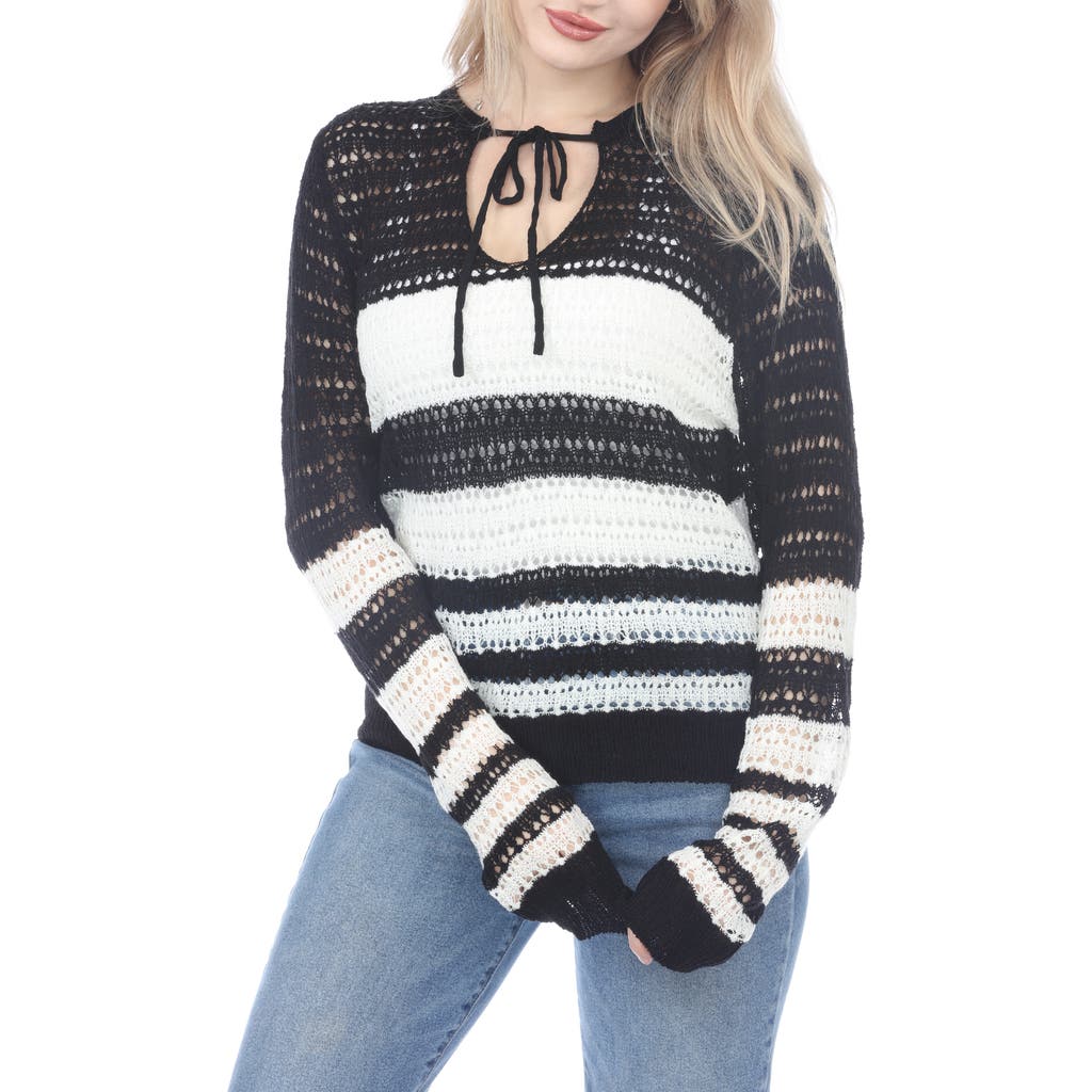 RAIN AND ROSE RAIN AND ROSE STRIPE TIE KEYHOLE OPEN STITCH SWEATER