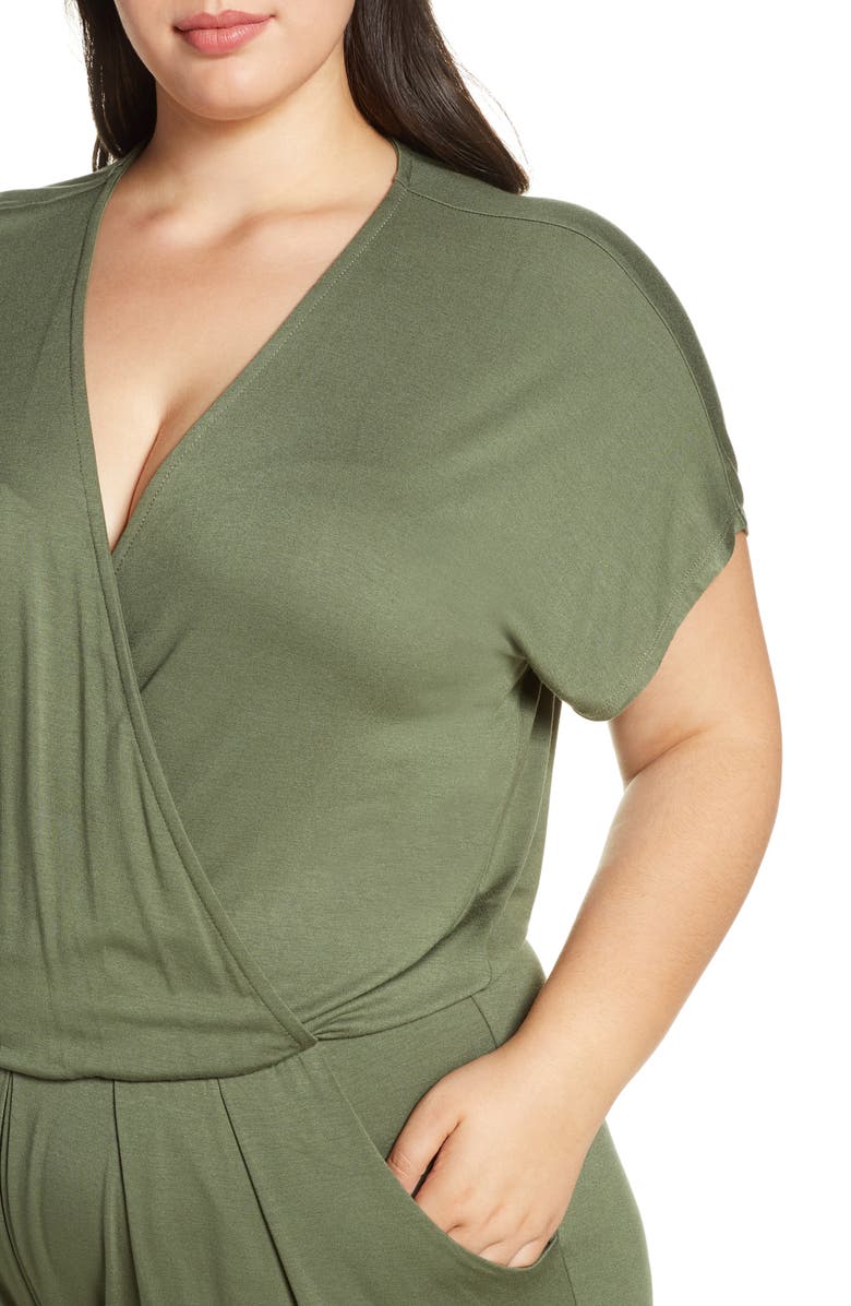 Loveappella Short Sleeve Wrap Top Jumpsuit, Alternate, color, Olive